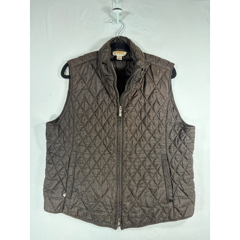 Talbots Quilted Vest Womens Large Petite Brown Excellent Full Zip Diamond Stitch